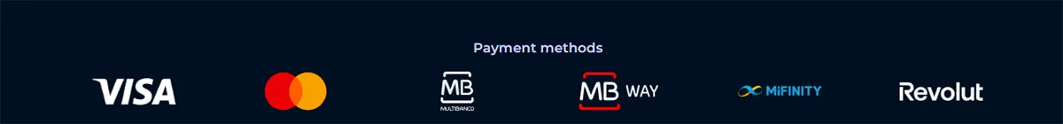 Payment methods section showing Visa, Mastercard, Multibanco, MB Way, MiFinity, and Revolut on a dark blue background with the heading “Payment methods.”