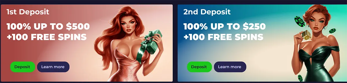 Casino deposit bonus banners featuring first and second deposit offers with 100% match bonuses and free spins, illustrated with glamorous red-haired female characters and green “Deposit” buttons.