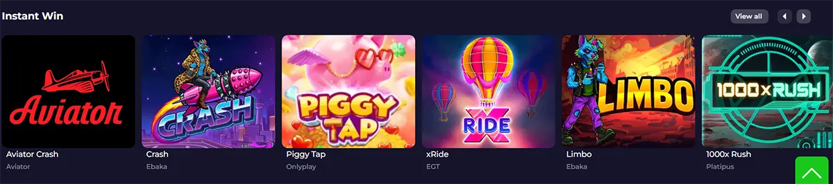 Instant win games section featuring Aviator Crash, Crash, Piggy Tap, xRide, Limbo, and 1000x Rush, with a “View all” button on a dark casino interface.