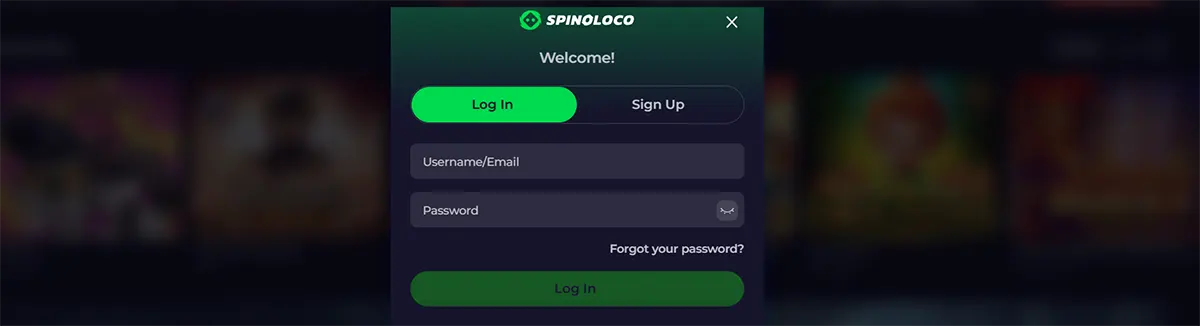 Spinoloco login popup with log in and sign up tabs, username or email and password fields, forgot password link, and a green log in button on a dark blurred casino background.